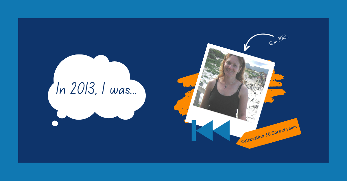 Image reads: "In 2013, I was..." in a white thought bubble. The text is accompanied with a polaroid-style image of a woman at the beach. The image is labelled with the words: "Ali in 2013". On the bottom of the image is a blue rewind symbol, and an orange label reading: "Celebrating 10 Sorted years".