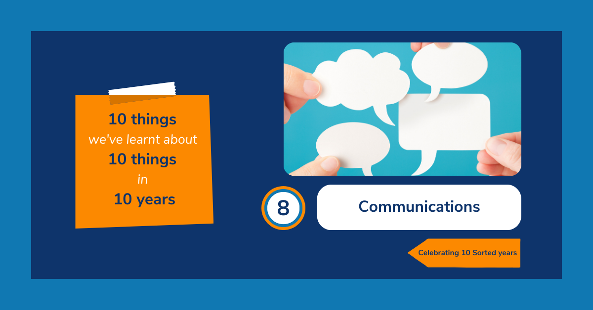 A Sorted communications branded image with speach and thought clouds focused on the word 'communications'.