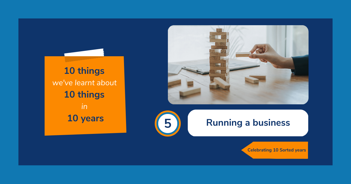 Image reads: "10 things we've learnt about 10 things in 10 years. 5: Running a business. Celebrating 10 Sorted years." The text is accompanied with an image of someone playing a game of Jenga: they are pulling out a rectangular wooden block from a precarious stack of other wooden blocks.