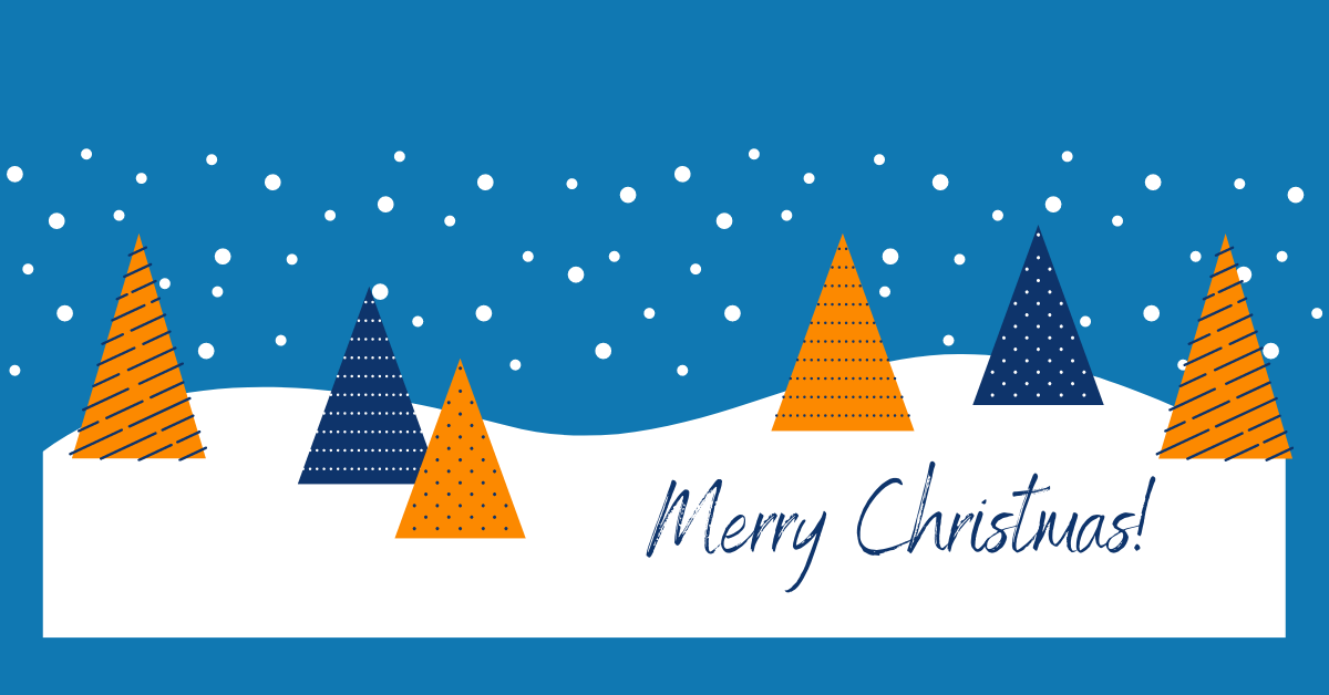 Against a blue background we see a cartoon snowy scene. Six triangular patterned trees line the top of the snow, alternately coloured dark blue and orange. The trees are accompanied with text reading: "Merry Christmas!"