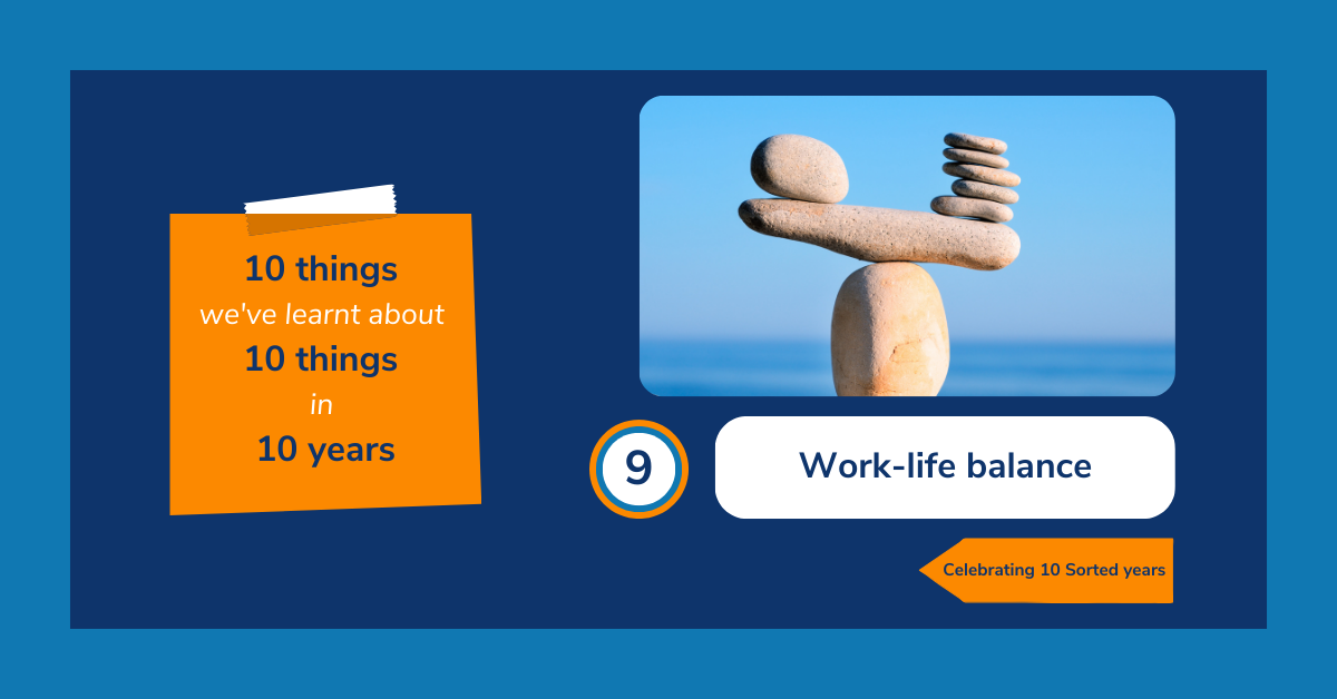 A Sorted Communications branded image with balancing stones and focused on the title 'Work-life balance'.